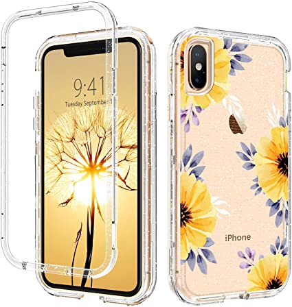 DUEDUE iPhone Xs Max Case, Glitter Camellia Flower 3 in 1 Shockproof Drop Protection Heavy Duty Hybrid Hard PC Transparent TPU Bumper Full Body Protective Case for iPhone Xs Max, Clear Flower