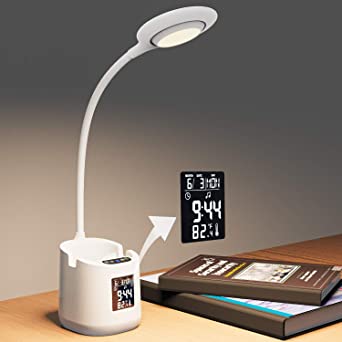 Hokone Study LED Desk Lamp with Screen Calendar Temperature, Kids Dimmable LED Table Lamp with Pen&Phone Holder Clock, Flexible Gooseneck Desk Reading Light for Students, 2000mAh Battery Operated