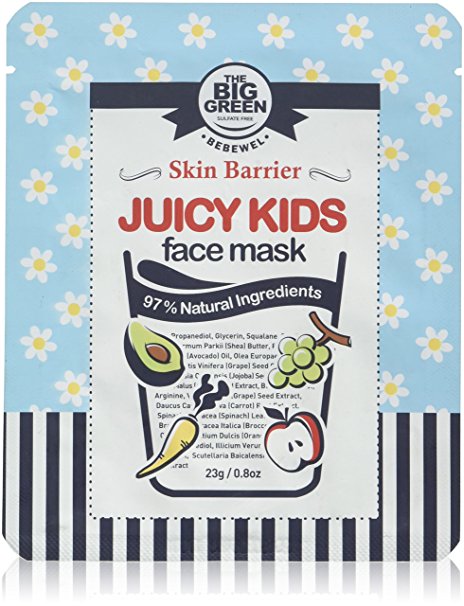 Big Green Natural Juicy Kids Face Mask 0.8 oz- 5 Sheets, EWG VERIFIED, Soothing,Healing-Moisturizing,Calming,Ecocert Certified Squalane,Vitamins & Mineral