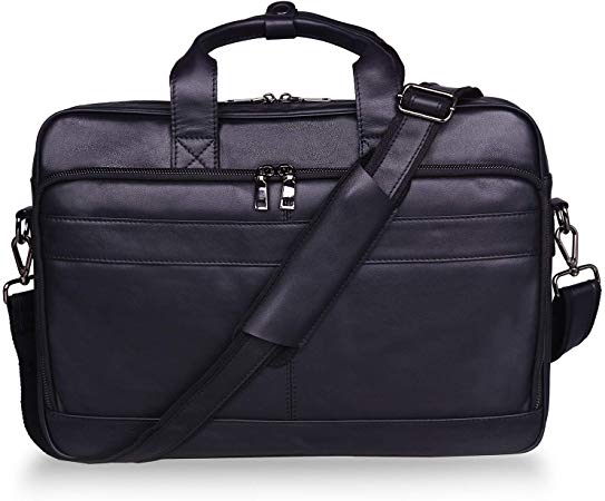 Jack&Chris Men's Genuine Leather Briefcase Messenger Bag Attache Case 15.6" Laptop (Black)