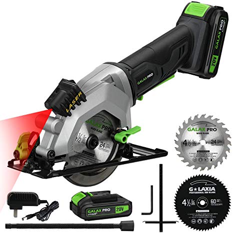 Circular Saw, GALAX PRO 20V 3400RPM 4-1/2” Professional Cordless Circle Saw with Laser Guide, Rip Guide, Vacuum Adapter, 2Pcs Blades plus 1 Allen Wrench, Max Cutting Depth 1-11/16”(90°), 1-1/8”(45°)