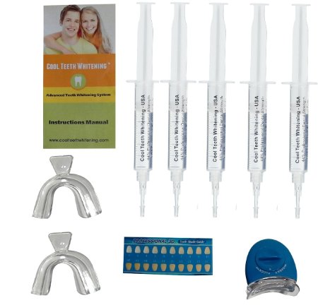At Home Professional Teeth Whitening Kit 44% Carbamide Peroxide with 5 Large Syringes of Made in USA Gel 5 Pcs. 5cc Syringes, 2 Pcs. Thermoform Trays + Bonus White LED Light + Free Shade Guide + Instructions