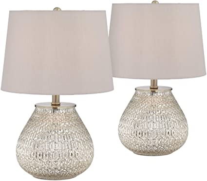 Zax Country Cottage Accent Table Lamps 19 1/2" High Set of 2 Mercury Glass Teardrop Gray Drum Shade for Bedroom Bedside - 360 Lighting