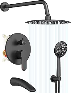 Gabrylly Shower System with Tub Spout, Black Bathtub Shower Faucet Set, 10" Rain Shower head with Handheld Shower Spray,High Pressure Shower Head Set with Pressure Balance Shower Valve, Matte Black