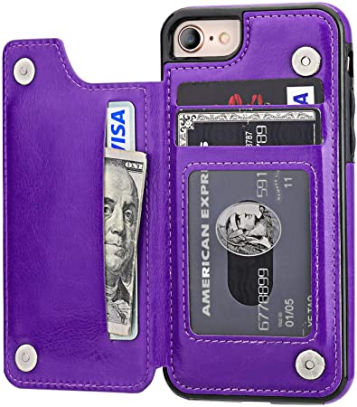 OT ONETOP iPhone 8 Wallet Case with Card Holder, iPhone 7 Case iPhone SE(2020) Wallet Premium PU Leather Kickstand Card Slots,Double Magnetic Clasp and Durable Shockproof Cover 4.7 Inch(Purple)