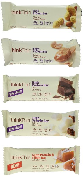 Think Thin Variety Pack 10 Mix Bars 2.1oz ea: 2 bars of White Chocolate, 2 bars of Salted Caramel, 2 bars of Chunky Peanut Butter, 2 bars of Dark Chocolate, 2 bars of Creamy Peanut Butter