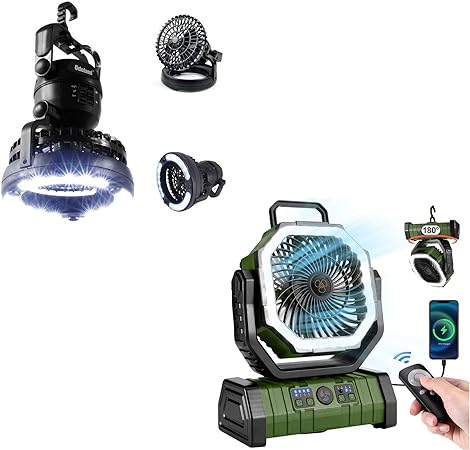 Odoland Bundle - 2 Items Portable LED Camping Lantern and Rechargeable Battery Operated Oscillating Fan