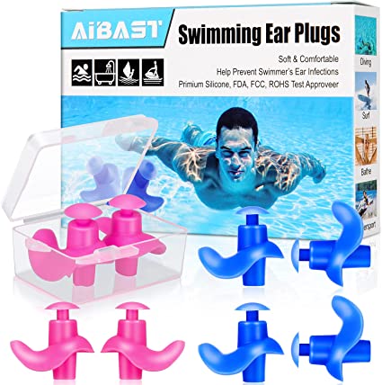 Swimming Ear Plugs, 2021 Pink Blue AiBast Professional Waterproof Reusable Silicone Earplugs for Swimming Showering Bathing Surfing and Snorkeling with ​Boxes, Suitable for Kids and Adult (4 Pairs）