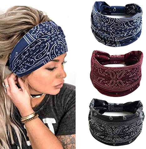 Yean Yoga Headbands Wide Elastic Headwraps Boho Hair Bands Flower Hair Accessories for Women and Girls(Pack of 3) (boho head wraps1)
