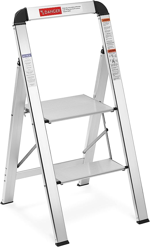 Navaris 2 Step Ladder - Aluminum Folding Step Stool for Adults - Slim Metal Step-Ladder with 2 Anti-Slip Steps & Rubberized Feet - Max Load 330 lbs