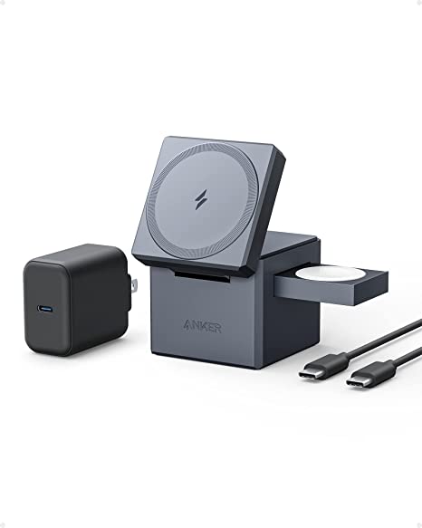 MagSafe Charger, Anker 3-in-1 Cube with MagSafe, 15W Max Fast Charging Foldable Wireless Charger, For iPhone 14/13/12 Series, Apple Watch Series 1-8/Ultra, AirPods Pro/3/2 (30W USB-C Charger Included)