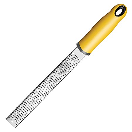 KLEMOO Citrus Lemon Zester & Cheese Grater - Sharp Stainless Steel Blade and Yellow Ergonomic Handle with Protective Cover, Free Cleaning Brush-Excellent for Ginger, Garlic, Nutmeg, Chocolate, Onions