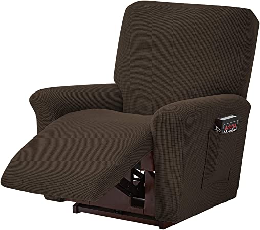 4 Pieces Stretch Recliner Slipcovers,Thick Jacquard Reclining Chair Covers Washable Spandex Sofa Couch Cover Anti-Slip Furniture Protector Couchs with Elastic Bottom&Side Pocket(Brown)