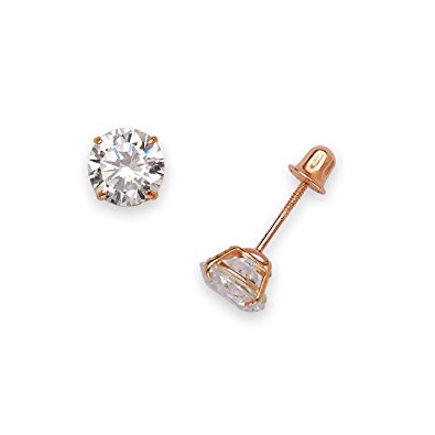Jewelryweb Solid 14k Rose Gold Solitaire Round Cubic Zirconia Stud Screw-back Basket Earrings (4mm-6mm)