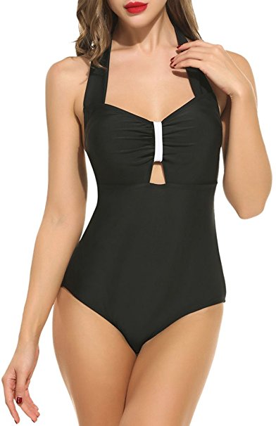 Halife Women's Halter Padded Hollow Ruched One Piece Swimsuit Backless Swimwear