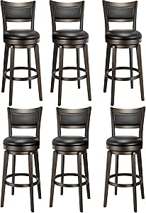 PrimeZone Swivel Bar Stools Set of 6, 30 Inch Bar Height Barstools, Black Faux Leather Bar Stool with High Backrest & Solid Wood Legs & Wrap-Around Footrest, Counter Stools for Kitchen Island, Pub