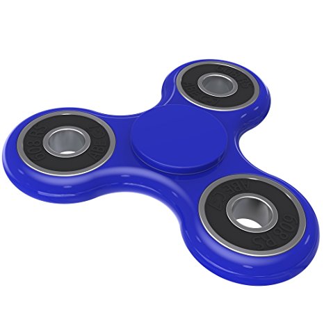 Fidget Spinner Ceramic Bearing - 2 minute spin! - Prime Shipping! Blue Spinner w/ Black - Quieter & Longer Lasting than Other Hand Toy Tri Figit Spinners, ADHD Stress Reducer Figets Finger Toys