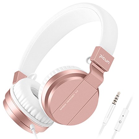 Headphones for Kids Women Girl Over Ear Wired Headphone with Microphone Foldable Lightweight Headset for Cell Phone Tablet Laptop TV Computer Work Travel Music, Picun - Rose Gold