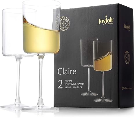 JoyJolt White Wine Glasses Claire Collection 11.4 Ounce Wine Glasses Set of 2 Deluxe Crystal Glasses with Ultra-Elegant Design- Ideal for Home Bar, Kitchen, Restaurants, Made in Europe