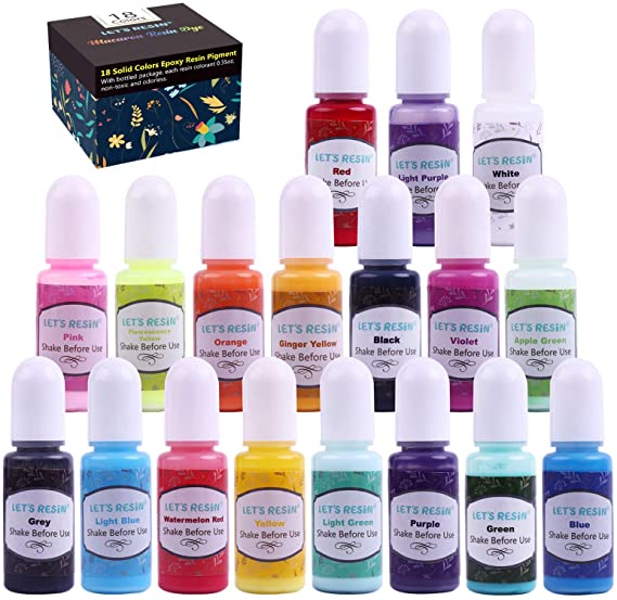 LET’S Resin 18 Colors Epoxy Pigment, Opaque Liquid Resin Colorant Each 0.35oz, Non-Toxic Epoxy Resin Dye Solid Color Liquid Dye for Resin Jewelry DIY Crafts Art Making