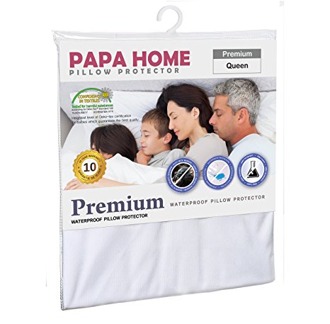 Papahome Premium Hypoallergenic Pillow Protector (Set of 2) - 100% Waterproof - Zipped Cotton Terry Cover - Vinyl Free - 10 Year Warranty (Standard, White)