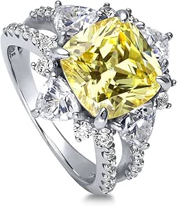 BERRICLE Sterling Silver Halo Canary Yellow Cushion Cut Cubic Zirconia CZ Statement Flower Cocktail Fashion Split Shank Ring for Women, Rhodium Plated Size 4-10