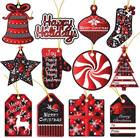 120 Christmas Gift Tags With Ribbon Tie Strings Attached 10 Red Foil Black & White Designs Personalized Merry Christmas Holiday Gift Bags Wrapping Presents & Packages