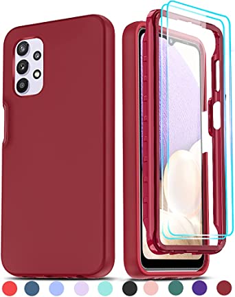 LeYi for Samsung A32 5G Case, Samsung Galaxy A32 5G Case with [2 x Tempered Glass Screen Protector], Full-Body Shockproof Soft Liquid Silicone Phone Case for Galaxy A32 5G, Wine Red