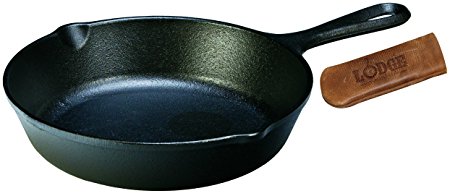 Lodge Seasoned Cast Iron Skillet with Hot Handle Holder - 8” Cast Iron Frying Pan with Genuine Leather Hot Handle Holder