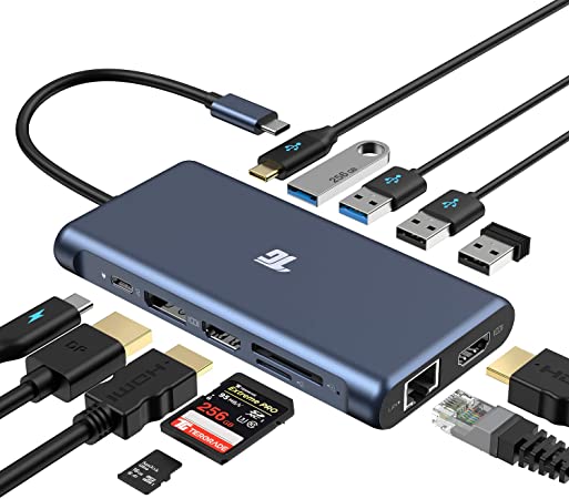 USB C Hub, USB C Adapter, Tiergrade 12 in 1 Triple Display Adapter with Dual 4K HDMI, DisplayPort, 100W PD 3.0, RJ45 Ethernet, USB-A USB-C Ports, TF/SD Card Reader for MacBook and Type C Laptops