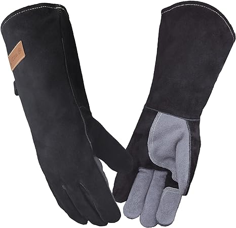 WZQH 40 CM / 16 IN, Leather BBQ Gloves, Fire and Heat Resistant Mitts for Barbecue, Welding, Firefighting, Fireplace, Oven, Baking, Stove, Pot Holder, Animal Handling. Grey-black Large Fireproof Glove