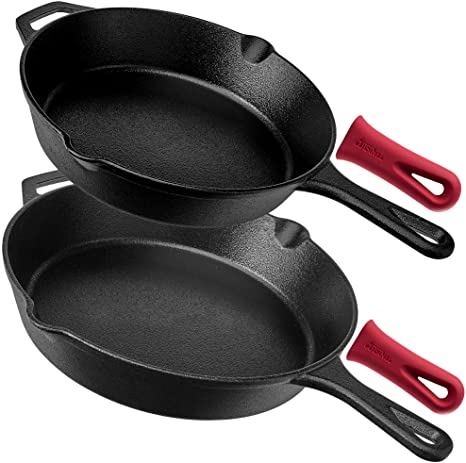 Cast Iron Skillet Set - 10" 12"-inch / 25.4cm   30.48cm   2 Silicone Handle Holders   Pre-Seasoned Oven Safe Cookware - Indoor/Outdoor - Grill, Stove Top and Induction Safe