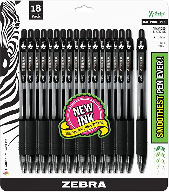 ZEBRA Z-Grip Retractable Ballpoint Pen, 1.0mm, Black Ink, 18 Pack (22218)