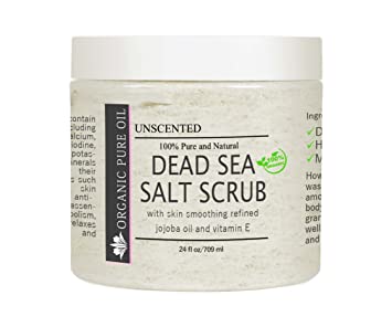 100% Pure and Natural Dead Sea Salt Scrub | Hydrating and Moisturizing | Gently Exfoliates Face Body Feet & Hands with Soothing Jojoba Oil and Vitamin E by Organic Pure Oil (Unscented, 24 oz)