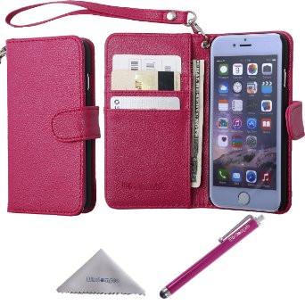 iPhone 6s Case iPhone 6 Case Wallet Case Wisdompro Premium PU Leather 2-in-1 Protective Folio Flip Case with Credit Card HolderSlots and Wrist Lanyard for Apple 47 iPhone 6s6 Hot Pink