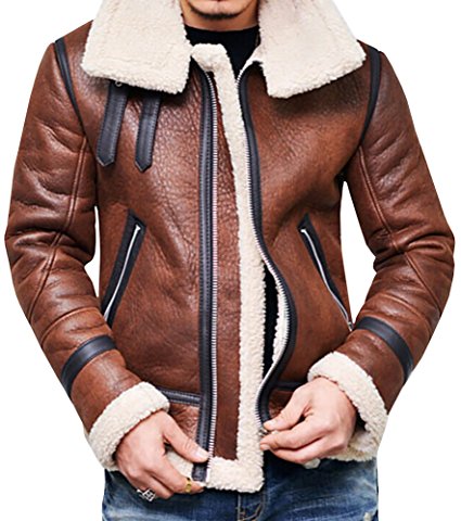 Karlywindow Men's Winter Fashion Vintage Faux Leather Bomber Coat Fur Lined Jacket