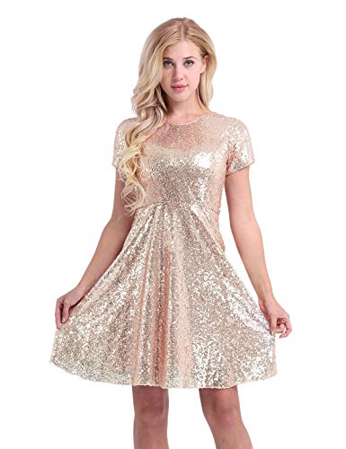 YiZYiF Women's Sequin Cocktail Party Short Sleeve Bridesmaid Skater Dress