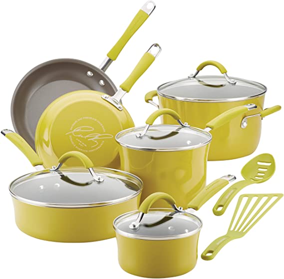 Rachael Ray 16806 Cucina Nonstick Cookware Pots and Pans Set, 12 Piece, Lemongrass Green