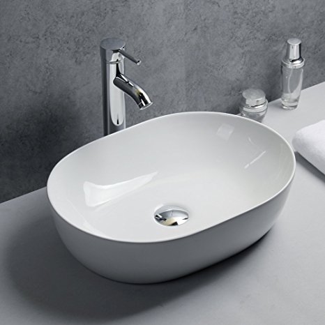 Basong Above Counter Bathroom Sink Oval Porcelain Ceramic Vessel Vanity Sink Art Basin White 18.7x13.4x5.7 In.with Pop-Up Drain