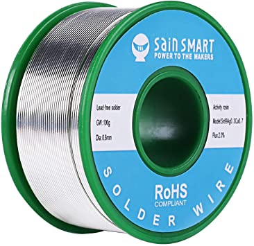 SainSmart 0.6mm Lead Free Solder Wire with Rosin2 Sn97 Cu0.7 Ag0.3, Tin Wire Solder for Electrical Soldering (100g /0.22lbs)