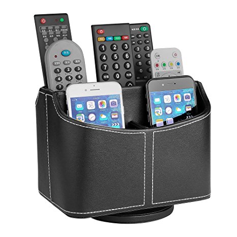 Jerrybox Remote Organizer, 5-Compartment PU Leather Desk Organizer, Desktop Stationery Storage, Card / Pen / Pencil / Mobile Phone / Remote Control Holder, 360-Degree Rotation (Black)