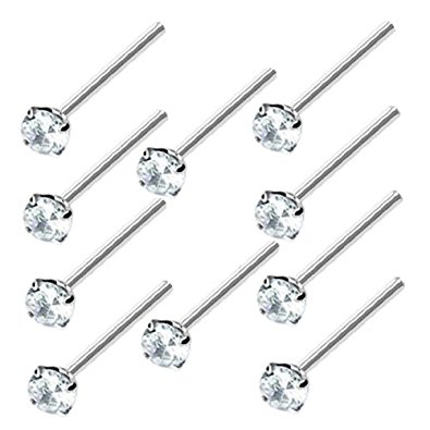 Clear Cz 925 Sterling Silver Nose Ring 1.5mm Prong Round Setting Straight Ended 3/8" 10 Pcs Set 1