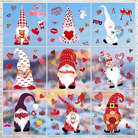 9 Pieces Valentine's Day Window Clings Decorations Gnome Window Stickers Clings Heart Window Clings Decor Party Supplies for Wedding Valentine's Day Christmas Party Supplies