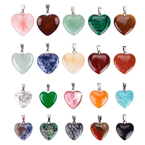 KeyZone 20 Pieces Heart Shaped Stone Pendants Charms Crystal Chakra Beads for DIY Necklace Jewelry Making, 2 Sizes, Assorted Color