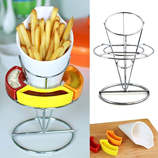 Stoneware French Fries Holder - Use as a Party Platter, Party Serving Dishes or as a Chips and Salsa Serving Tray and Platters, Measures 8.85H x4.9Wx4.3L inches - Exclusively by Uno Casa