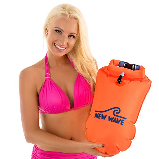 New Wave Swim Buoy - Swim Safety Float and Drybag for Open Water Swimmers, Triathletes, Kayakers and Snorkelers, Highly Visible Buoy Float for Safe Swim Training (PVC Large 20 Liter Orange)