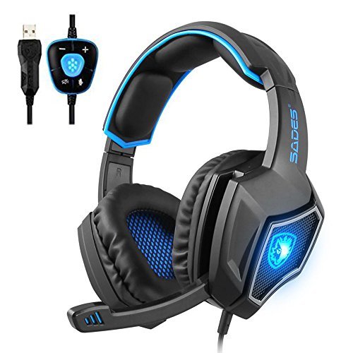 2016 New SADES Spirit Wolf 7.1 Surround Sound Stereo USB Gaming Headset Headband Headphones with Mic Over-the-Ear Noise Isolating Volume Control LED Light For PC Gamers (Black Blue)