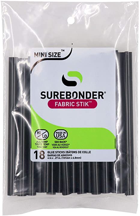 Surebonder Black Fabric Hot Glue Stick, Mini Size 4" L, 5/16" D - 18 Pack, Machine Washable, Use with High Temperature Glue Guns - Made in USA (FS-18B)