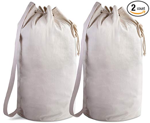 Canvas Duffel Bag - Drawstring with Leather Closure and Shoulder Strap for Easy Carrying. The Strong Canvas Material Makes This a Reliable Duffle Bag for Laundry, Travel or Camping. (28 x 14 Inches)