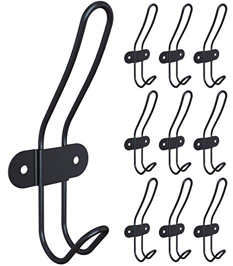 Tibres - Rustic Farmhouse Hooks for Coat Jackets Clothes Robes and Towels - Decorative Double Coat Hooks for Use in Entryway Bathroom - Vintage Wire Metal Hooks Wall or Door Mount - Black - 10 Pack